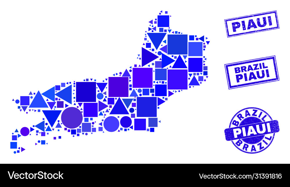 Blue geometric mosaic piaui state map and seals Blue geometric mosaic piaui state map and seals vector image