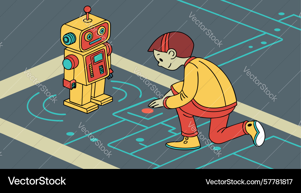 Child playing with robot in maze game design Vector Image