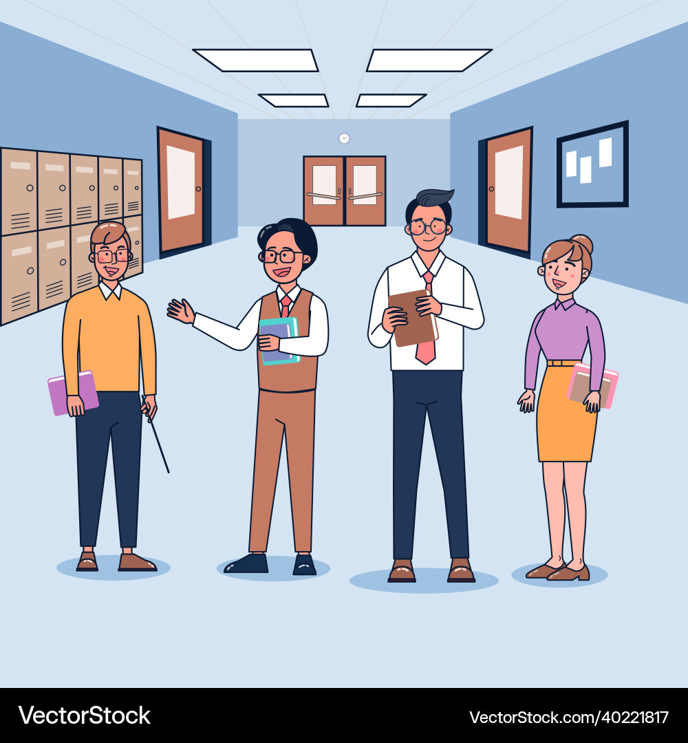 Female and male teacher standing talk about Female and male teacher standing talk about vector image