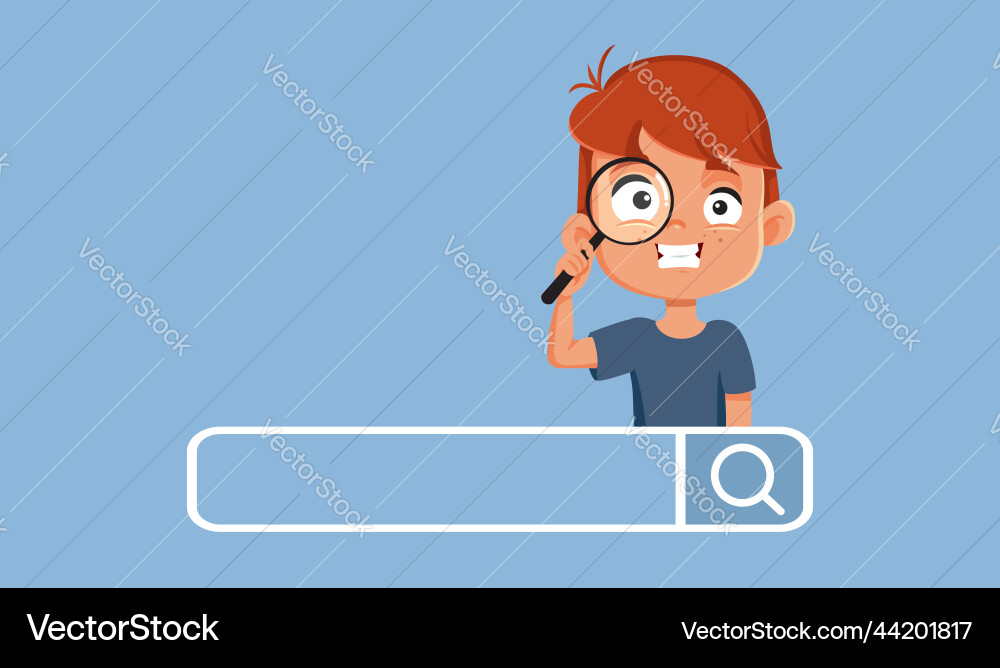 Little boy searching the internet with magnifying Little boy searching the internet with magnifying vector image