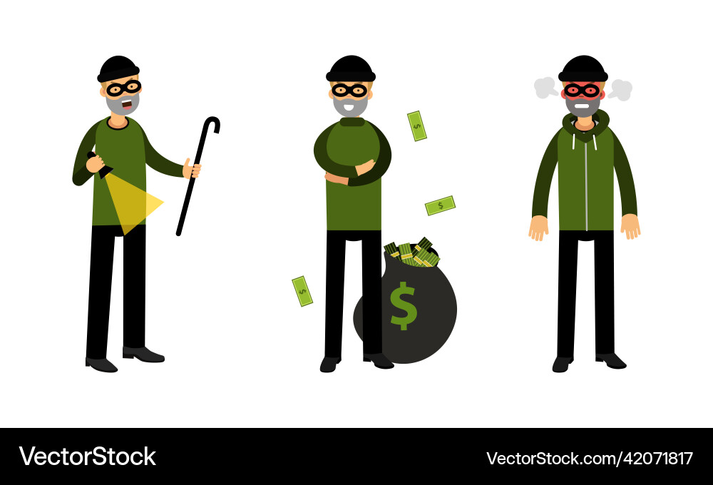 Masked thief stealing money set criminals in mask Masked thief stealing money set criminals in mask vector image