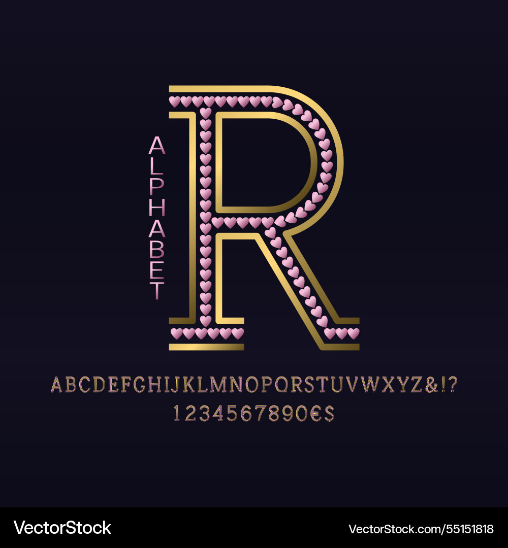Goldene Buchstaben und Zahlen mit Rosengold Herzen Goldene Buchstaben und Zahlen mit Rosengold Herzen vektorbild