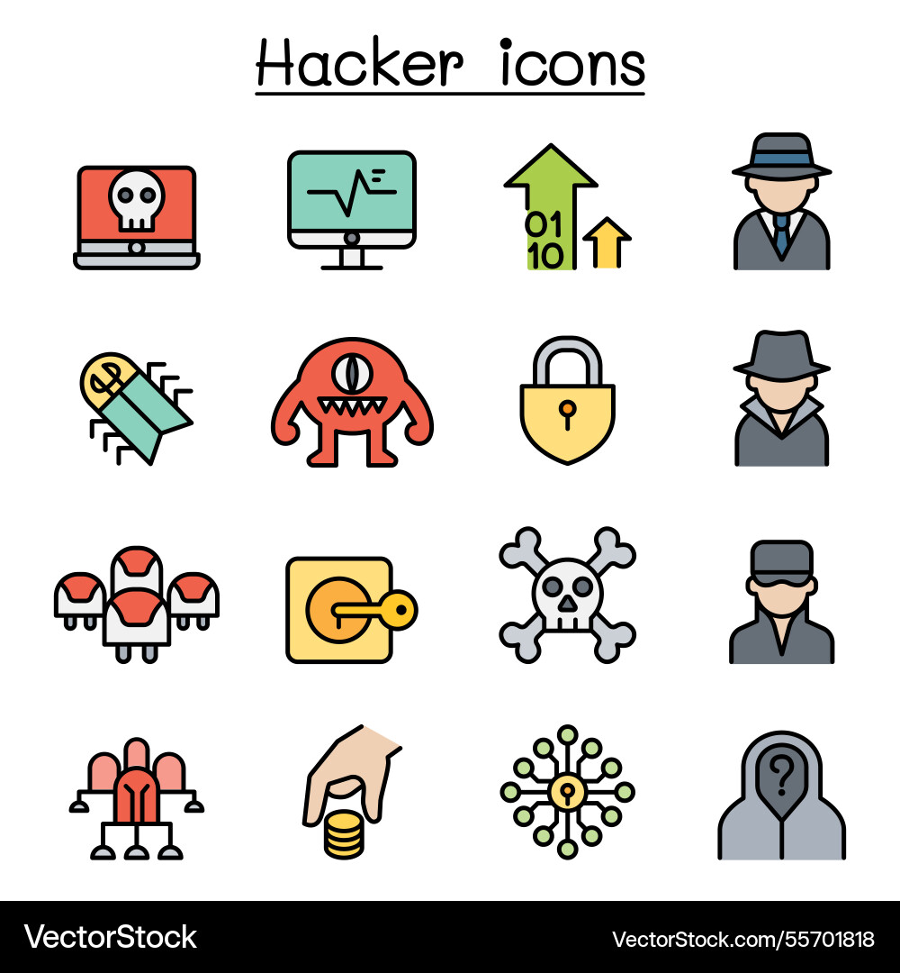 Hacker icon set in colorline style Hacker icon set in colorline style vector image
