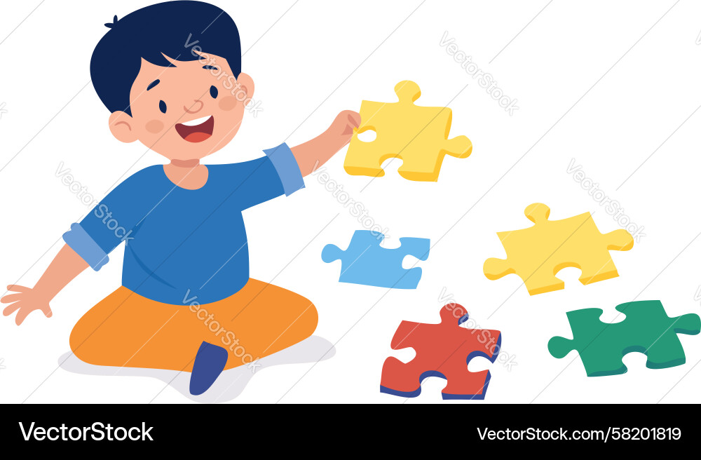 Child solving puzzle with bright geometric shapes Vector Image