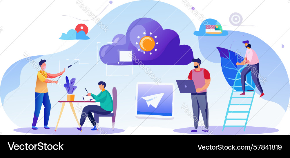 Collaborative team working with cloud-based data vector image