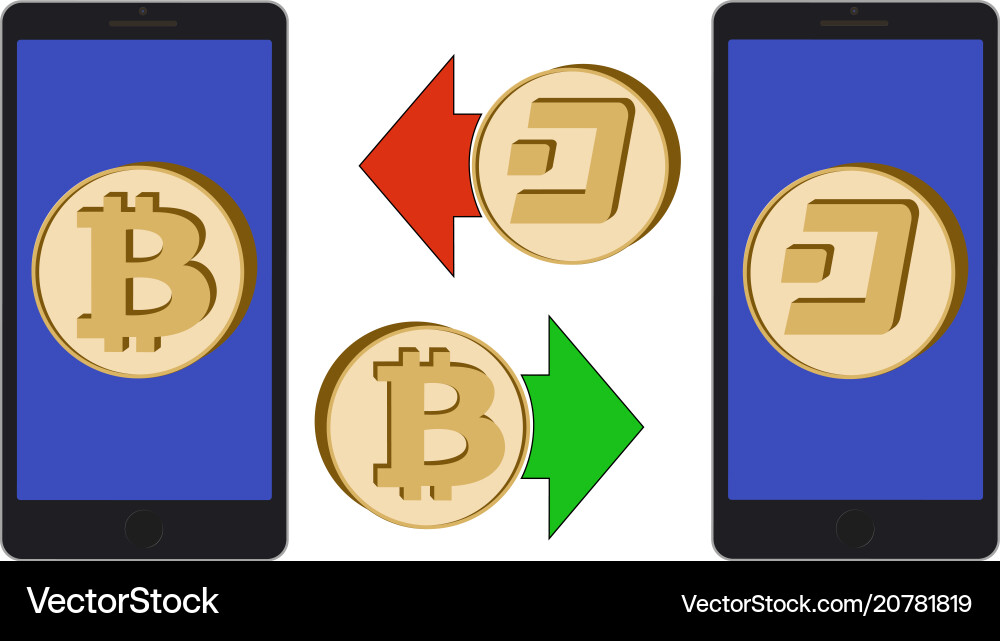 Exchange between bitcoin and dash in the phone Vector Image