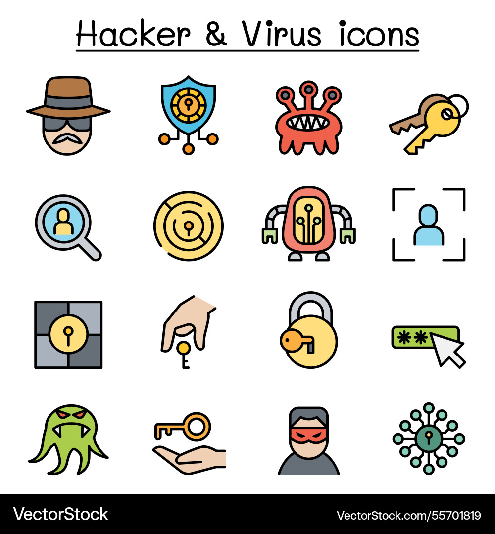 Hacker icon set in colorline style Hacker icon set in colorline style vector image