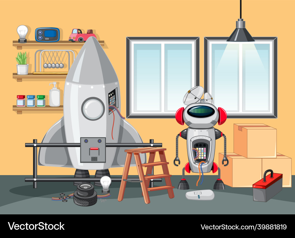 Spaceship and robot in room scene Spaceship and robot in room scene vector image