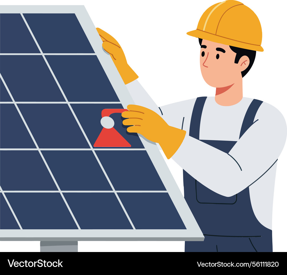 Man installing solar panels with tools Vector Image