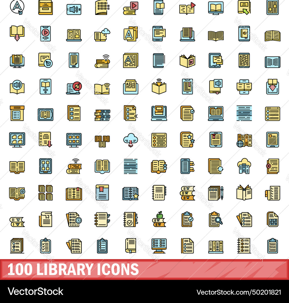 100 library icons set color line style 100 library icons set color line style Vector Image