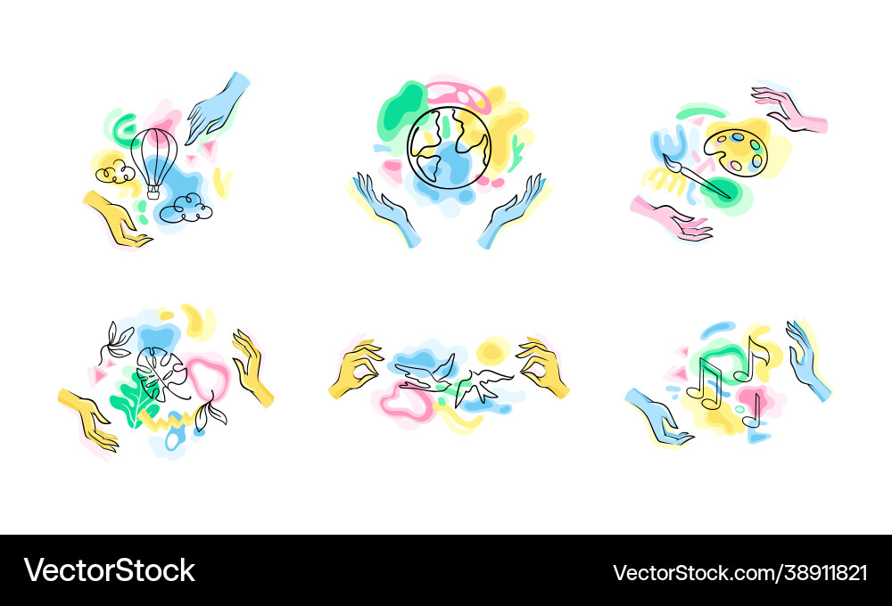 Hands with colorful shapes and contour objects Hands with colorful shapes and contour objects vector image