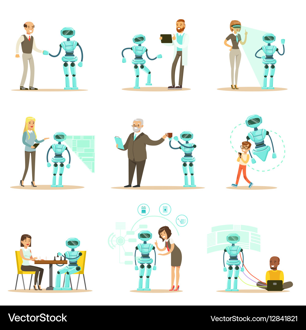 Smiling people and robot assistant set Vector Image