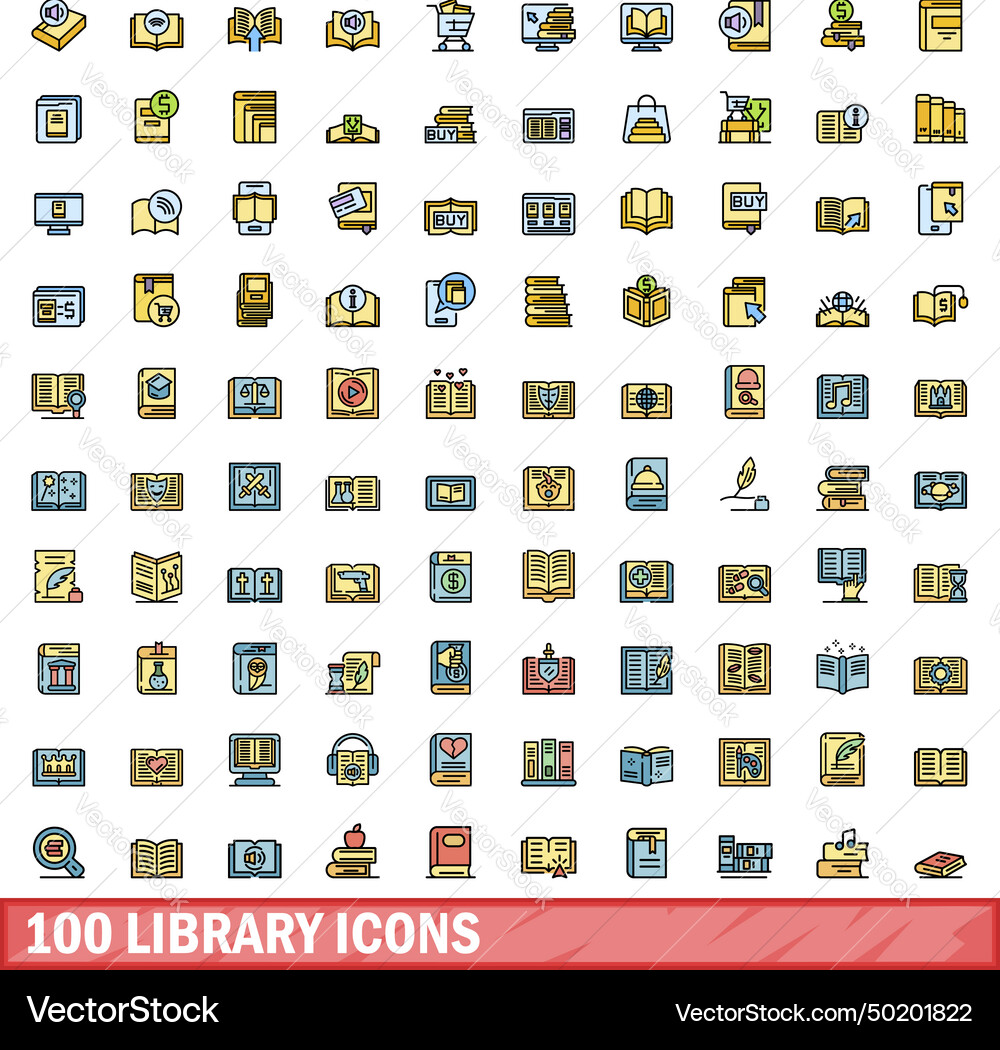 100 library icons set color line style 100 library icons set color line style Vector Image