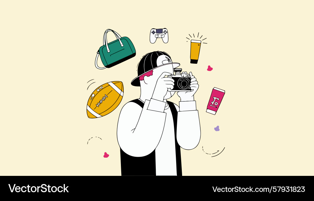 Cartoon photographer with floating objects Vector Image