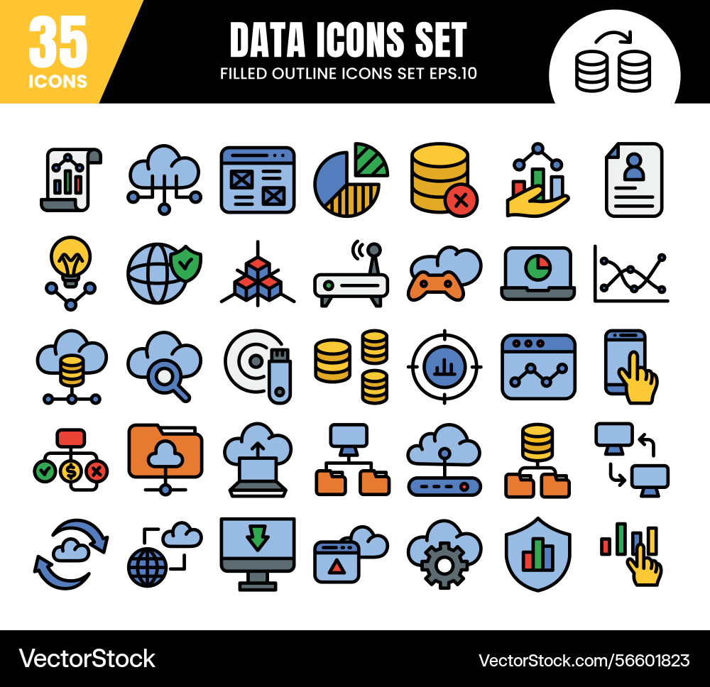 Database filled outline icons setdata analysis Database filled outline icons setdata analysis vector image