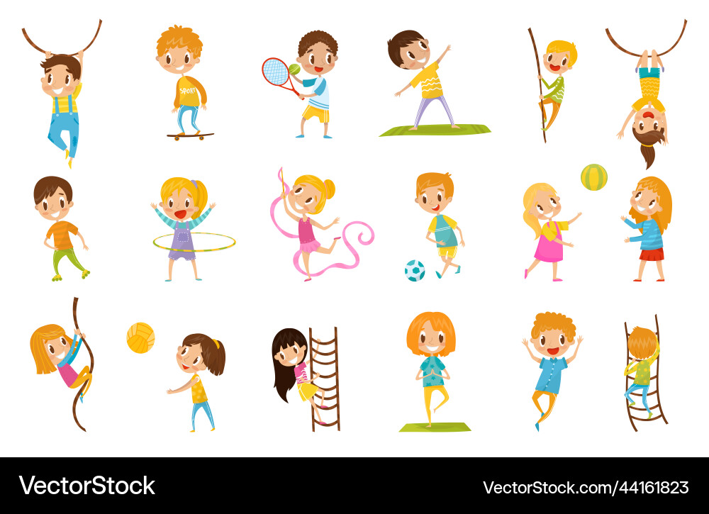 Kleine Kinder tun Sport hängen Seil Klettern Kleine Kinder tun Sport hängen Seil Klettern vektorbild