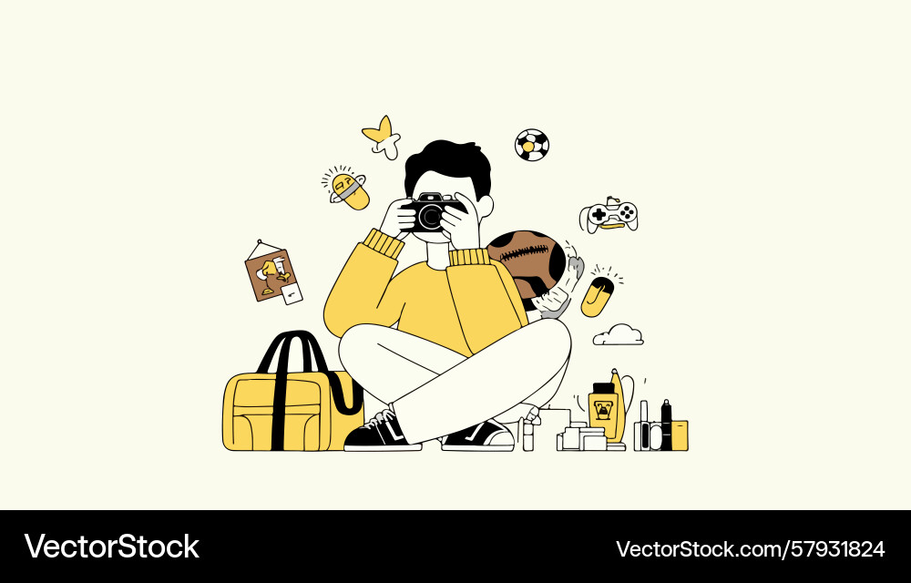 Cartoon photographer with floating objects Vector Image
