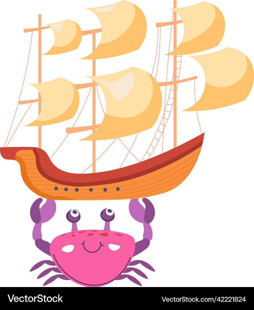 Crab funny character with ship sails Crab funny character with ship sails vector image