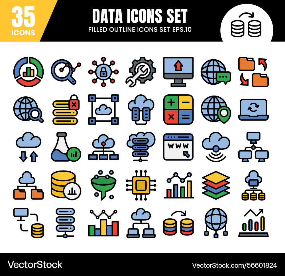 Database filled outline icons setdata analysis Database filled outline icons setdata analysis vector image