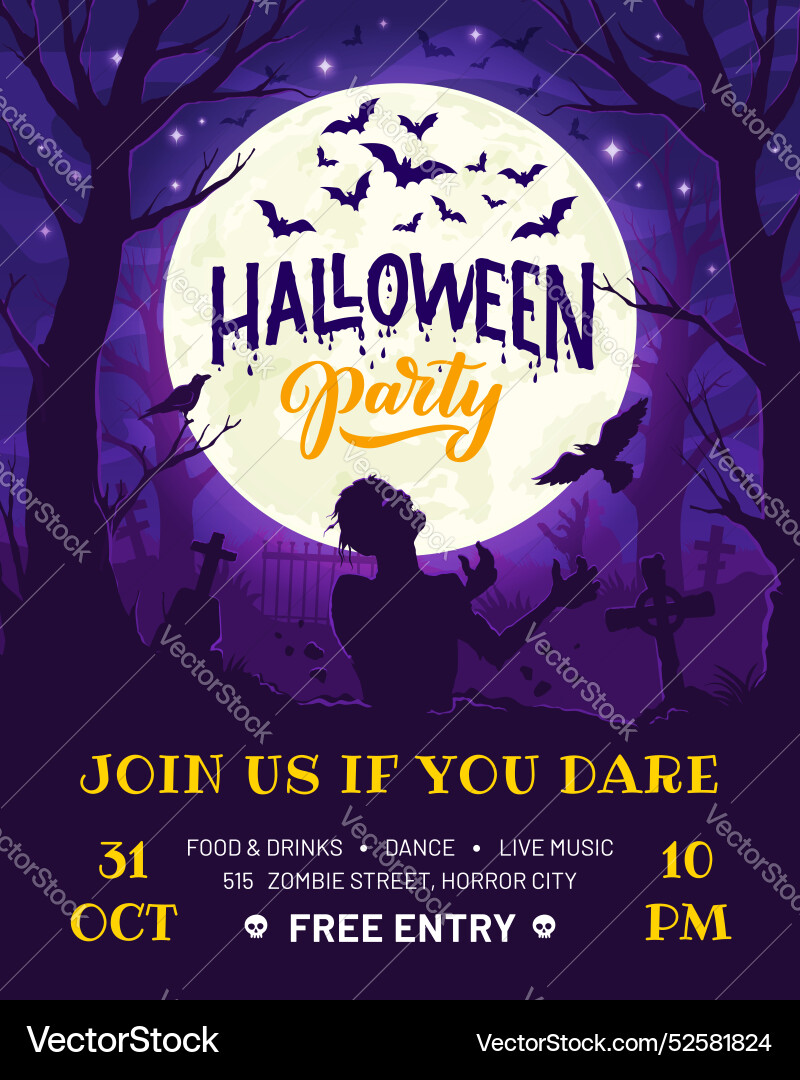 Halloween Partyflyer mit Zombie Fledermaus und Bäumen Halloween Partyflyer mit Zombie Fledermaus und Bäumen vektorbild