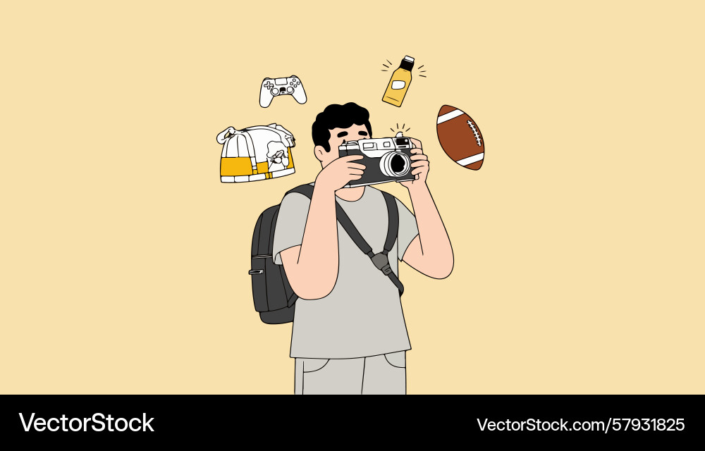Cartoon photographer with floating objects Vector Image
