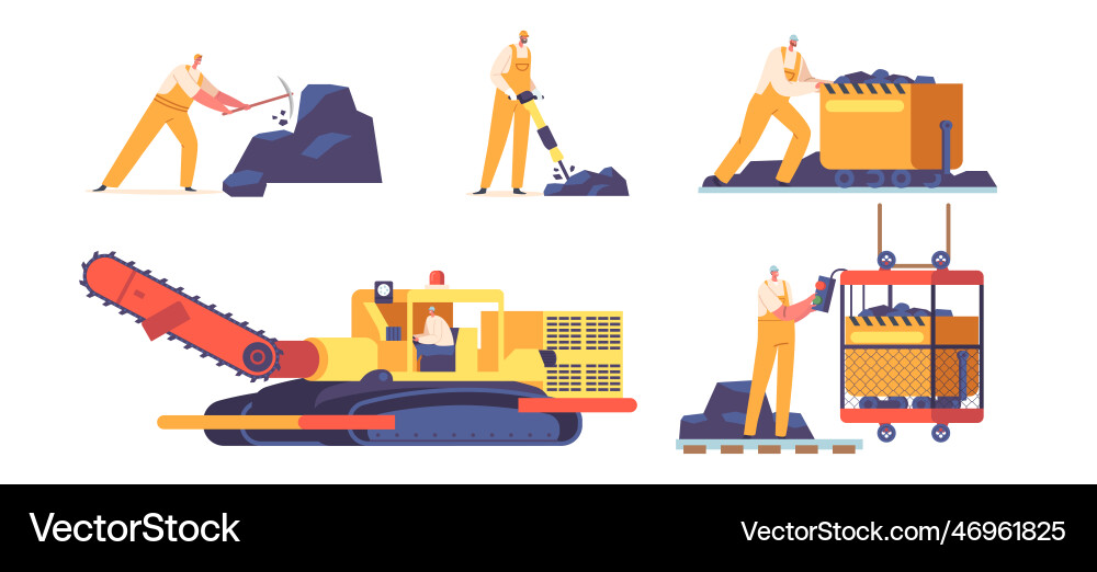 Coal mining set miner characters working Coal mining set miner characters working vector image