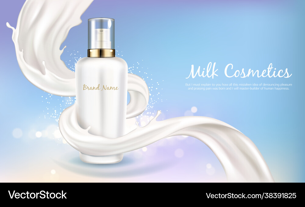 Cosmetic banner with white bottle in milk swirl vector image