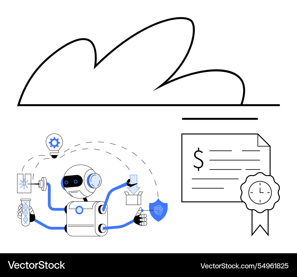 Futuristic robot performing tasks with cloud Futuristic robot performing tasks with cloud Vector Image