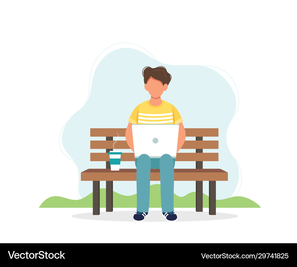 Man with laptop sitting on bench coffee Man with laptop sitting on bench coffee vector image