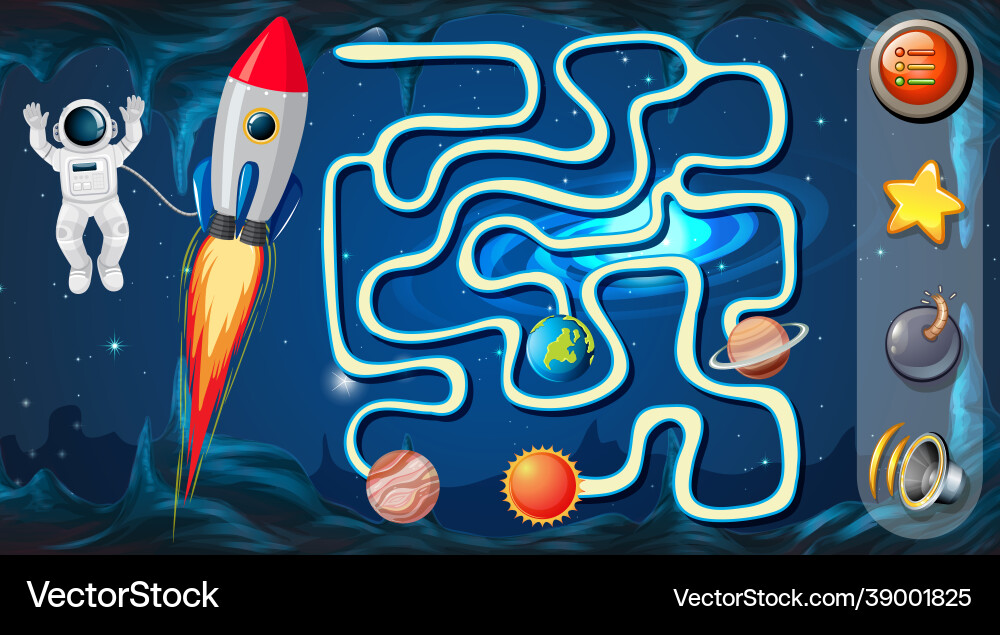 Maze game with space theme template Maze game with space theme template vector image