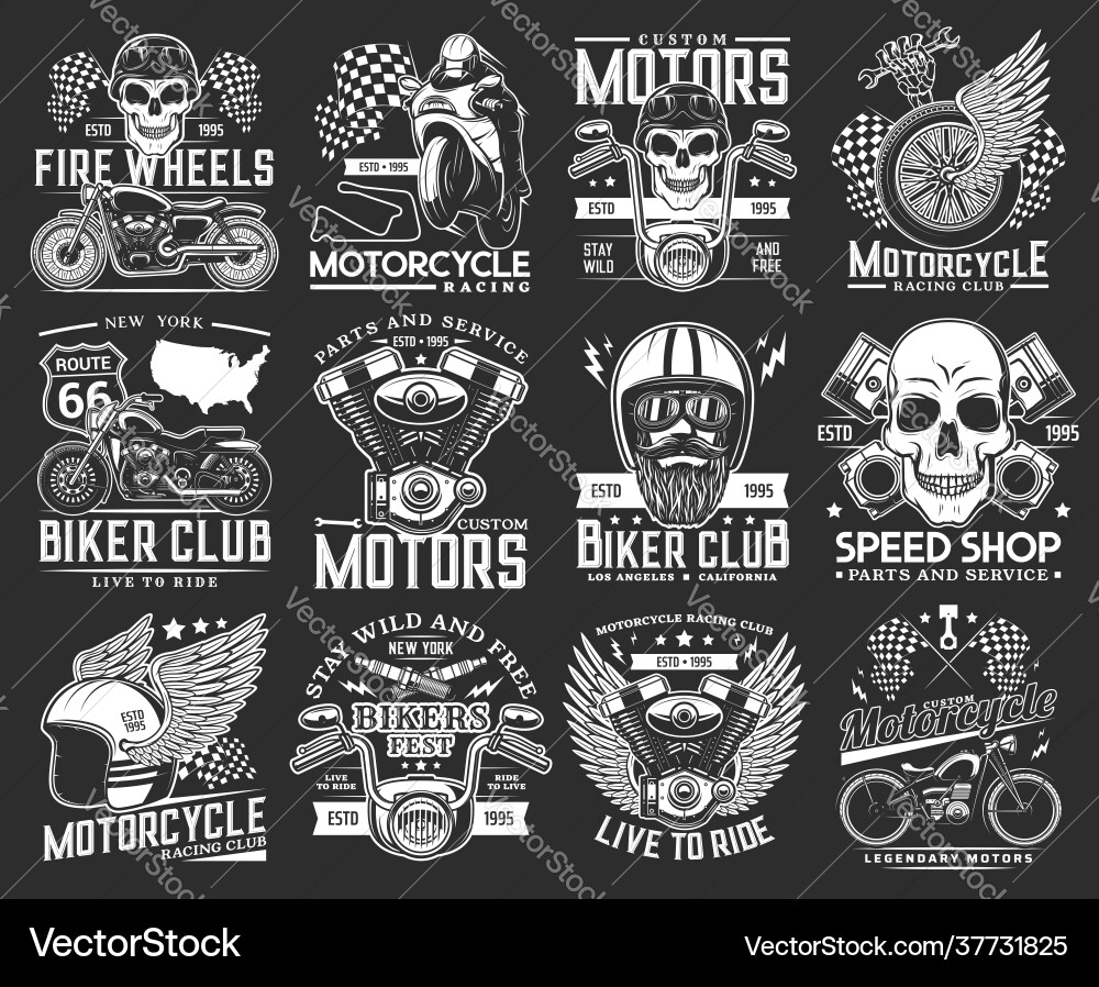 Motorcycle races biker club skull emblems sport Motorcycle races biker club skull emblems sport vector image