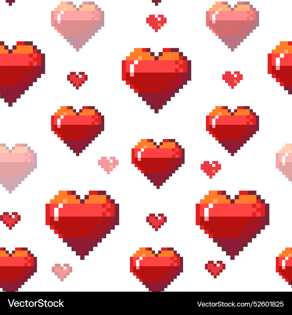 Pixel hearts pattern seamless print of retro 8 Pixel hearts pattern seamless print of retro 8 vector image