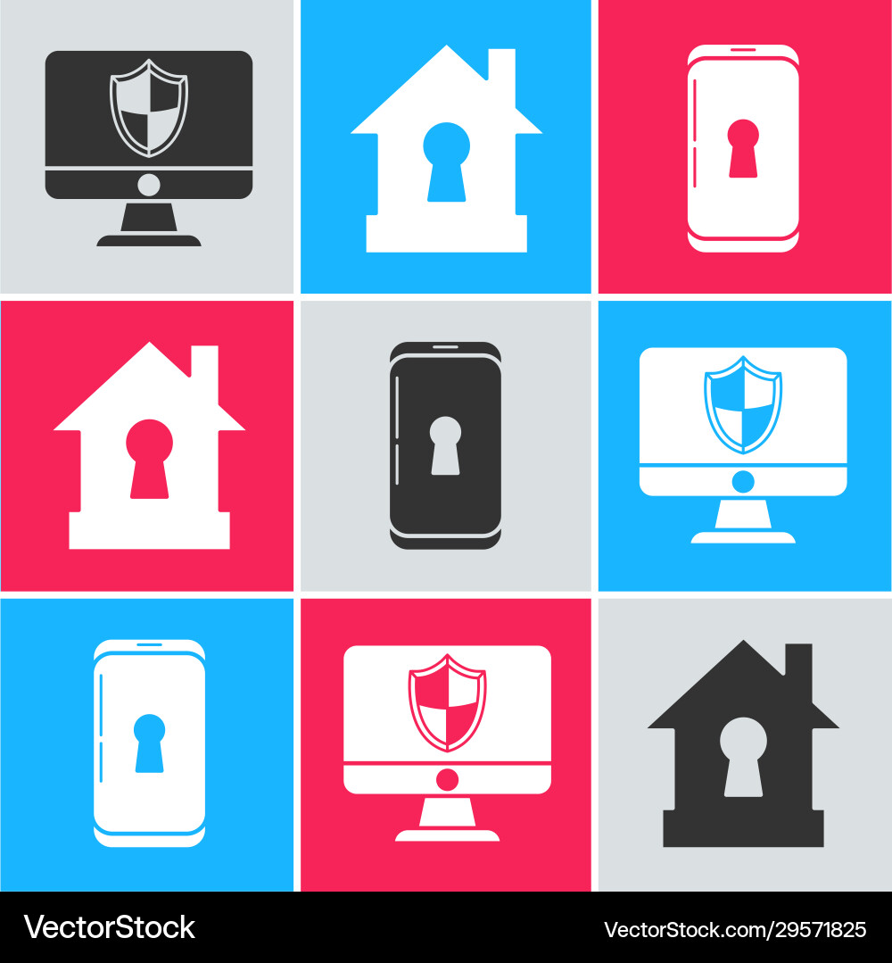 Set computer monitor and shield house under Set computer monitor and shield house under vector image