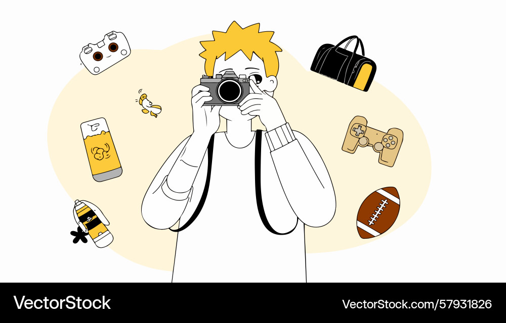 Cartoon photographer with floating objects Vector Image