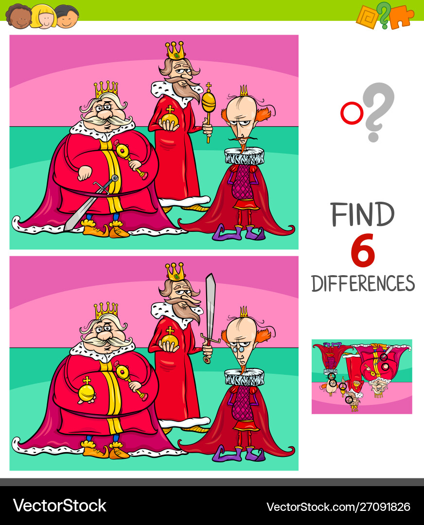 Differences game with kings fantasy characters Vector Image