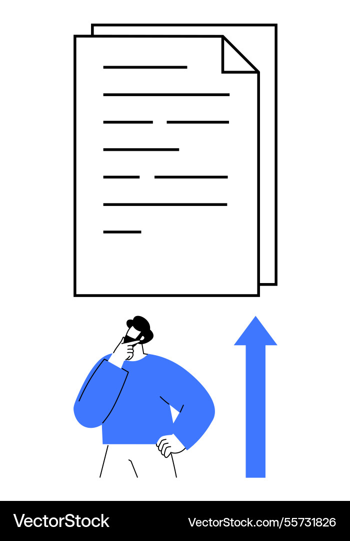 Man contemplating document content with an upward Man contemplating document content with an upward vector image