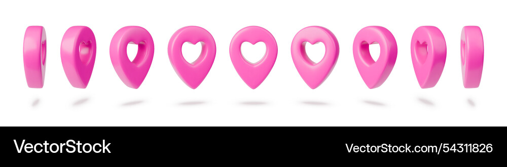 Set of realistic rotation map pointer with heart Set of realistic rotation map pointer with heart vector image