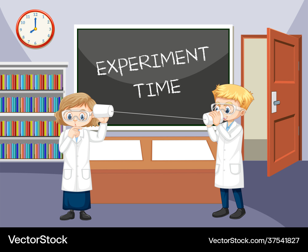 Classroom scene with scientist doing string phone Classroom scene with scientist doing string phone Vector Image
