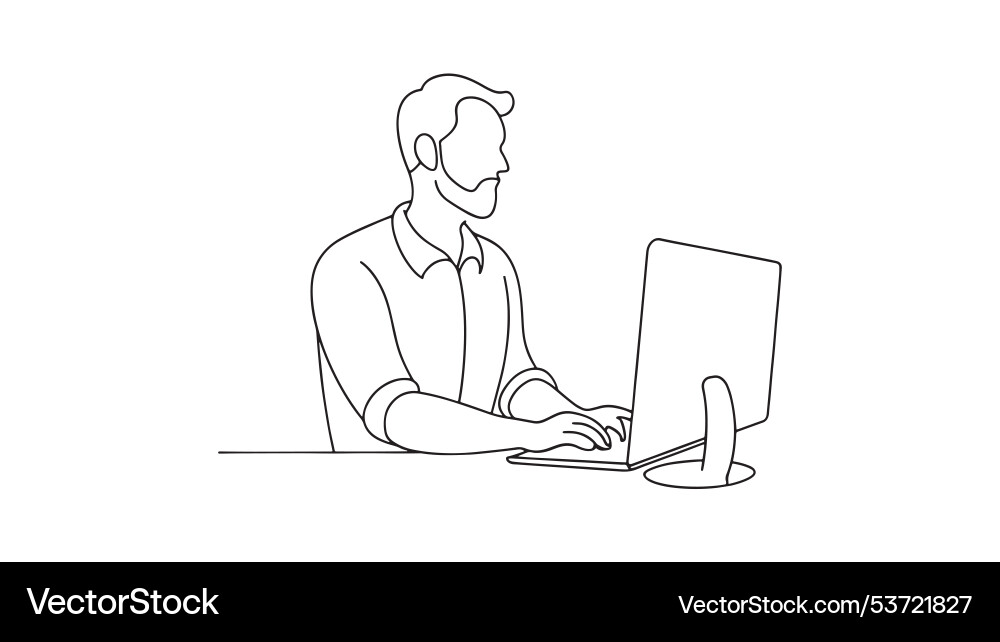 Man seated at a computer continuous line art flat Man seated at a computer continuous line art flat vector image