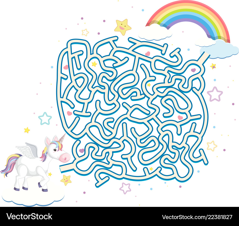 Unicorn maze puzzle game template vector image