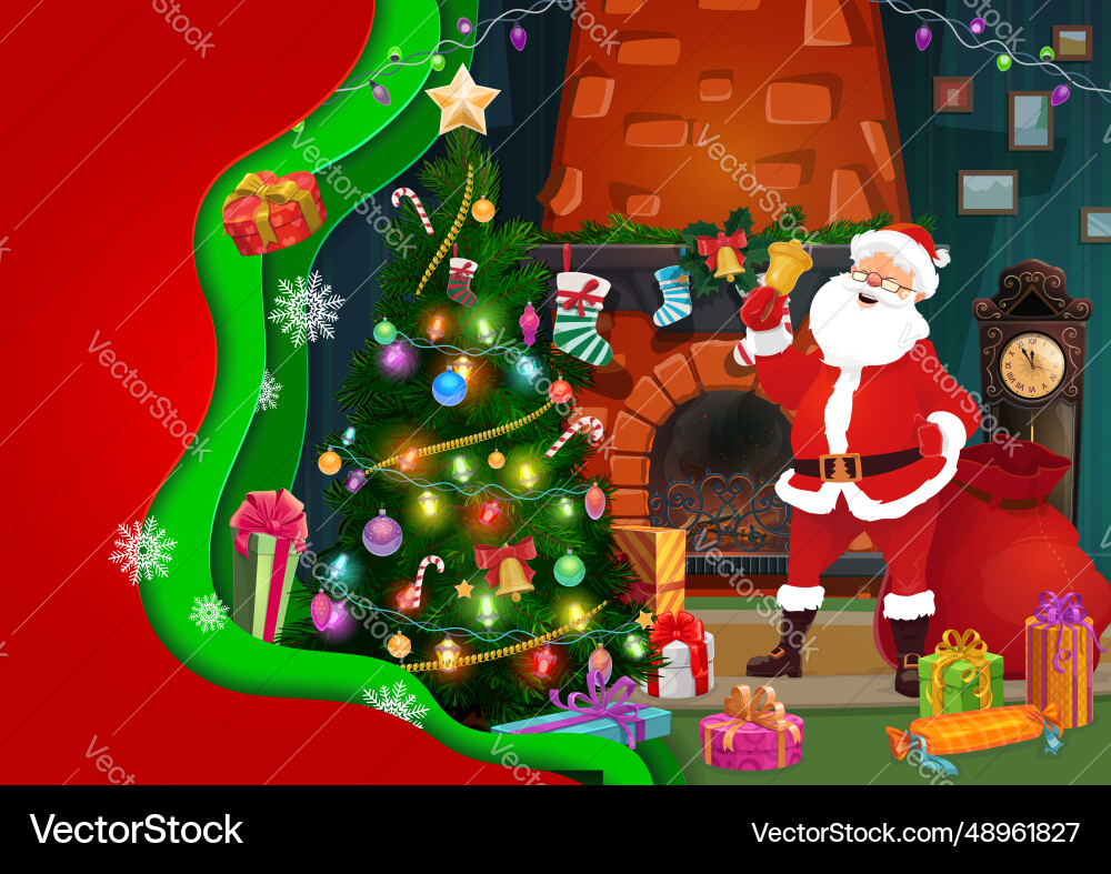 Weihnachtspapier geschnitten mit santa nahe Kamin Weihnachtspapier geschnitten mit santa nahe Kamin vektorbild