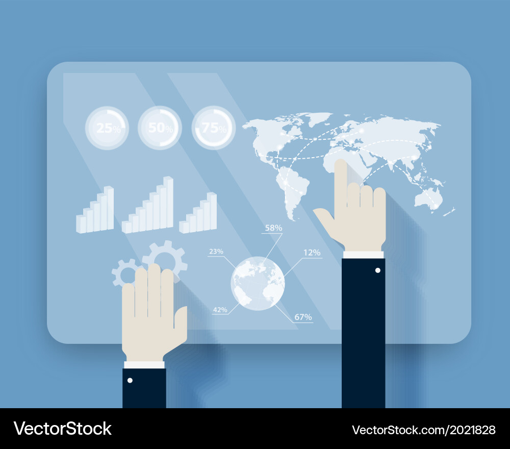 Hands pushing touch screen on futuristic interface Vector Image