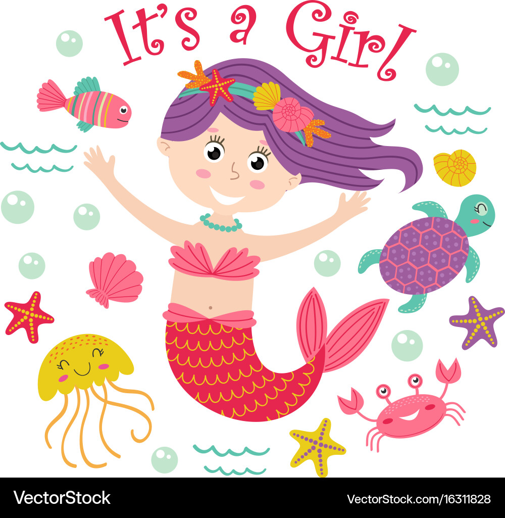 Mermaid and Marine Friends Card Vector Image