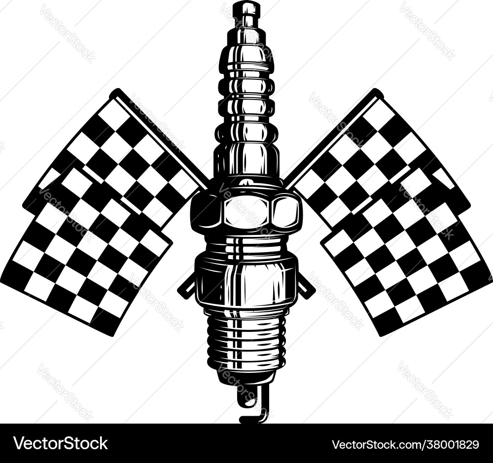 Car spark plug with racing flags design element Car spark plug with racing flags design element vector image
