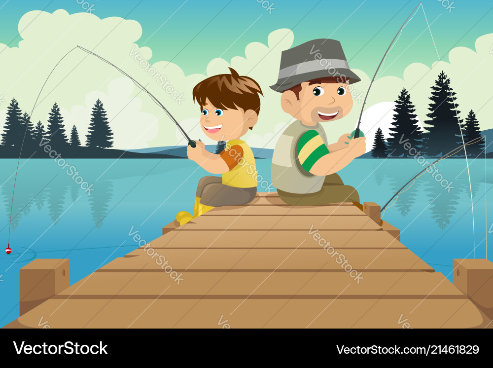 Father and son going fishing in a lake Father and son going fishing in a lake vector image