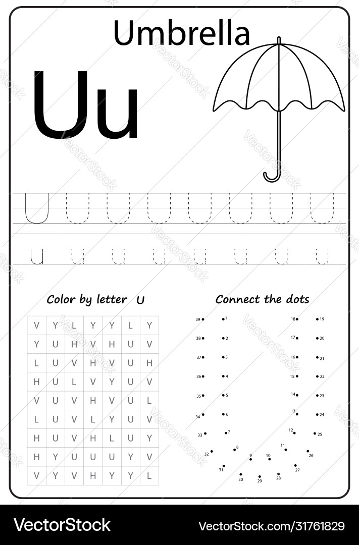 Letter U Alphabet Worksheet for Kids Vector Image