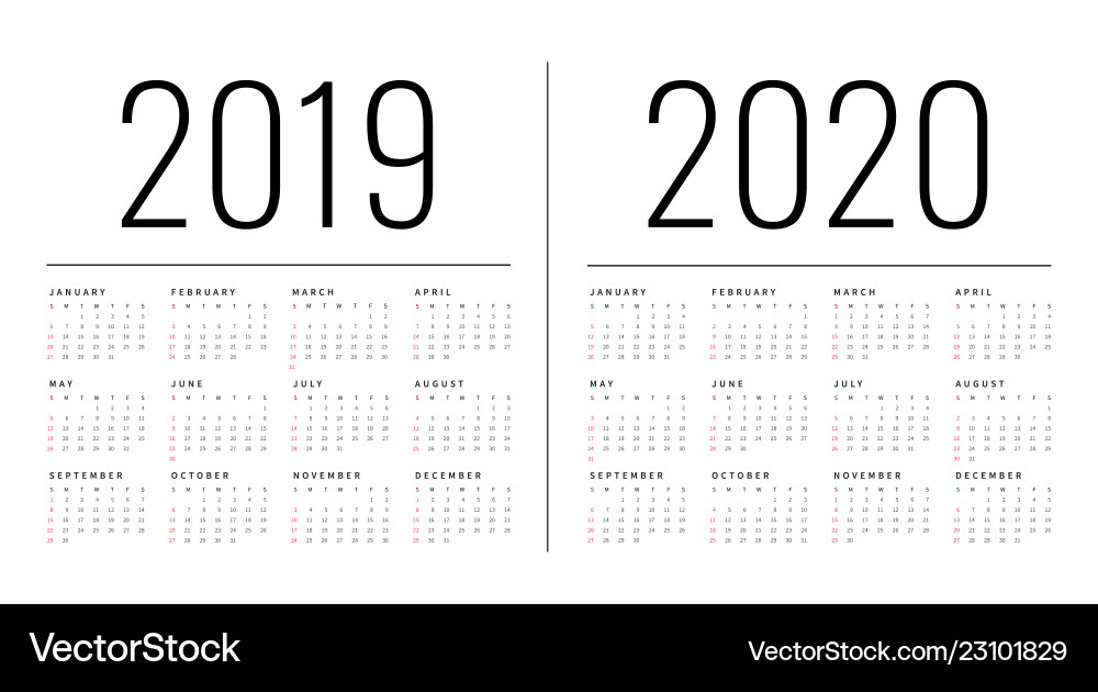 Mockup simple calendar layout for 2019 and 2020 Mockup simple calendar layout for 2019 and 2020 vector image
