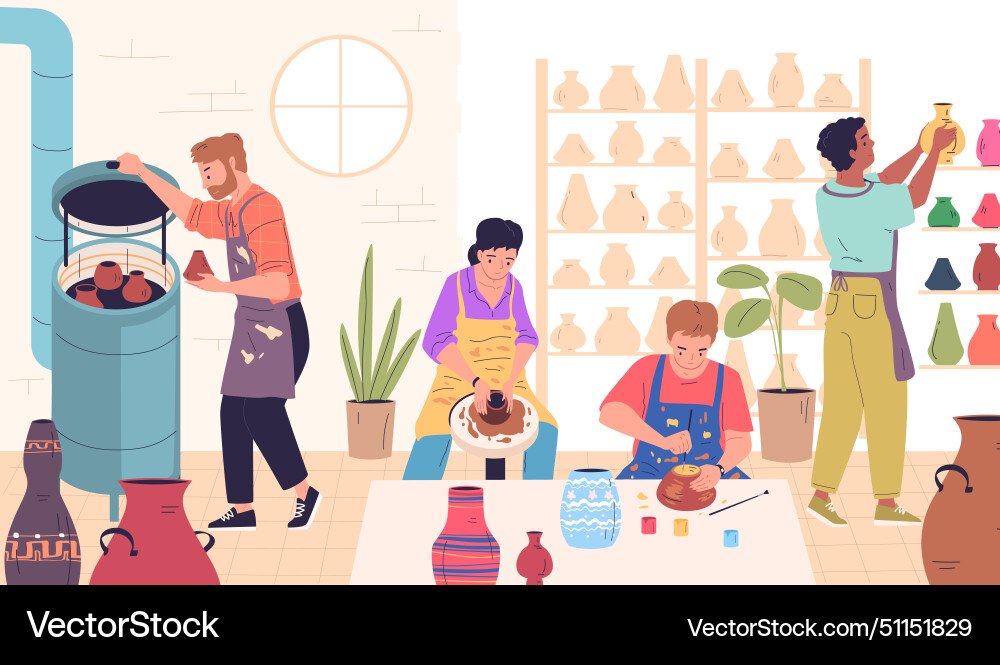 Pottery workshop artisan master teaching making Vector Image