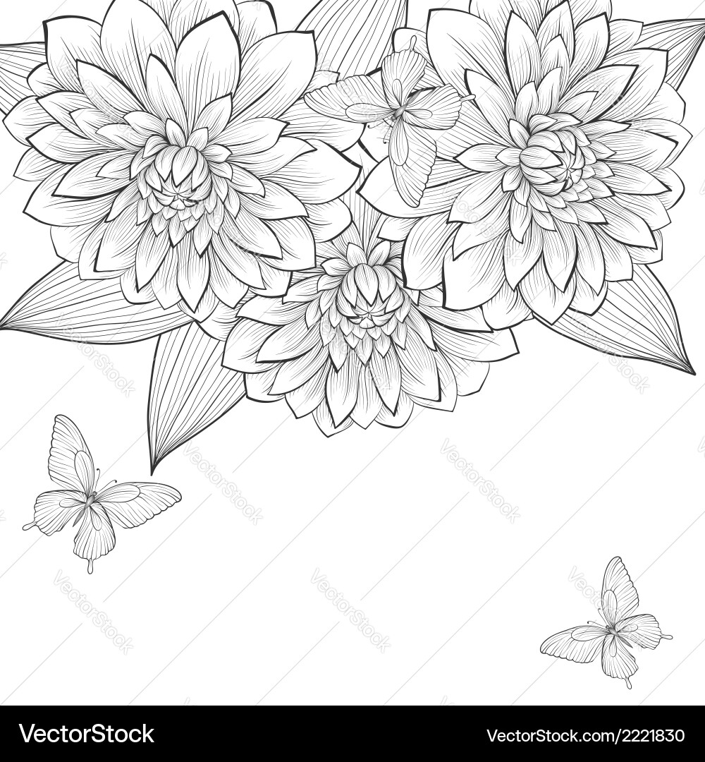 Floral Frame with Dahlias & Butterflies Vector Image
