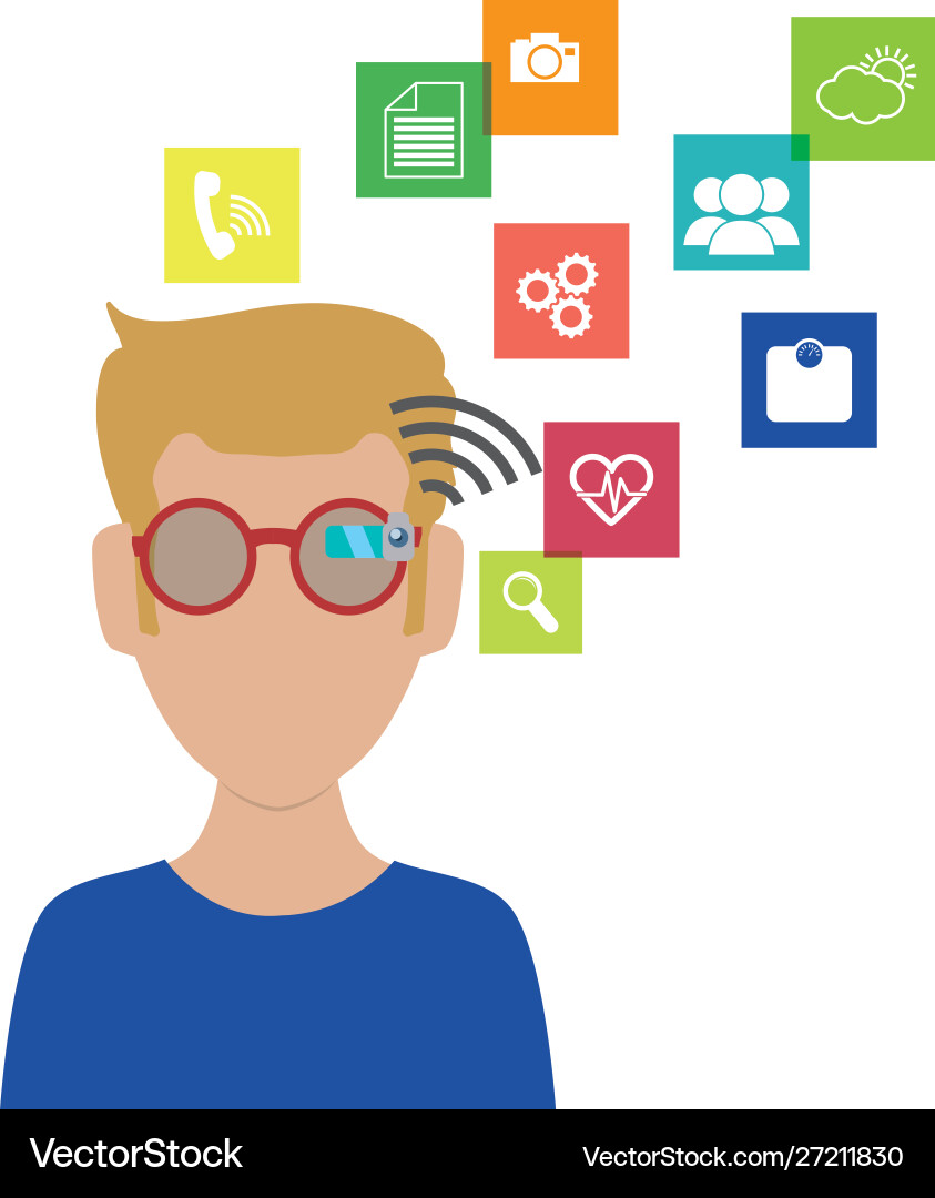 Man with smart glasses and apps menu Man with smart glasses and apps menu vector image